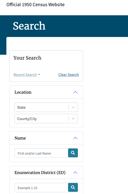 Left side of census search page